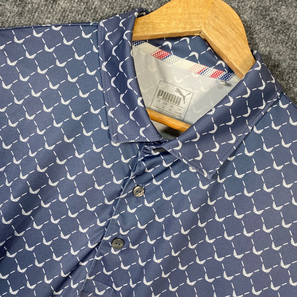 Puma Volition America Golf Polo Mens Large Navy Blue Geometric Short Sleeve